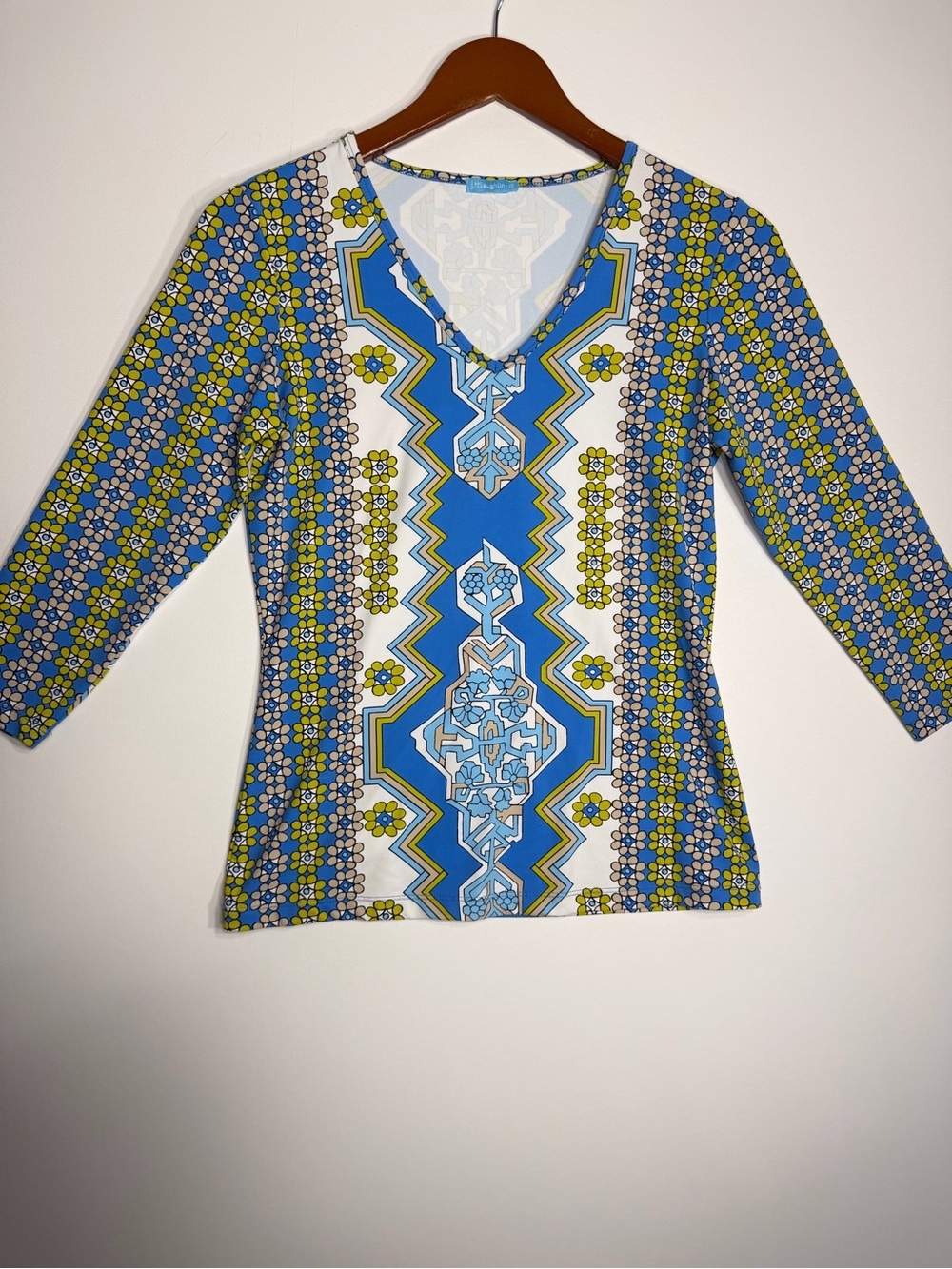 J. McLaughlin Blue Green Patterned V-Neck Long Sleeve Top size XS Exellent cond